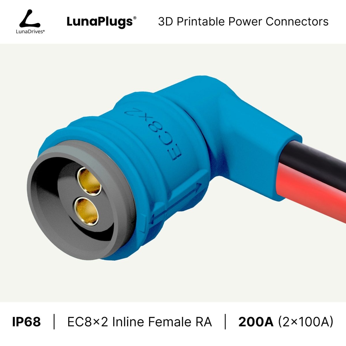 EC8x2 - 200 Amps, IP68 - Inline Female Connector - LunaDrives®