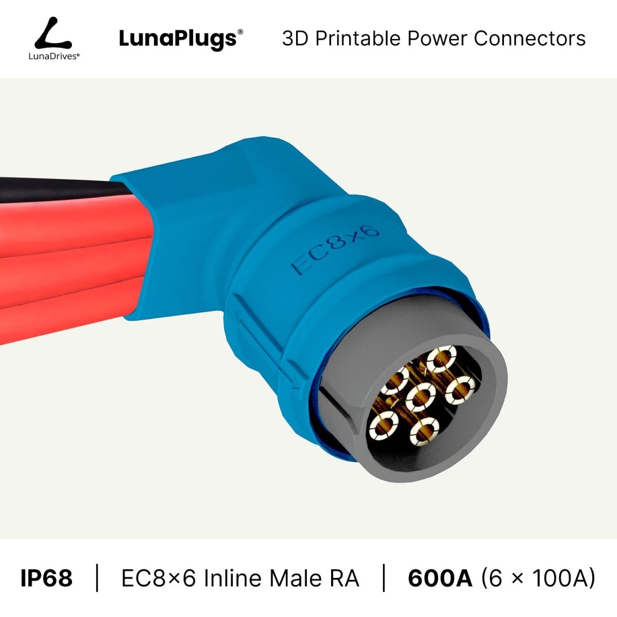 EC8x6 - 600 Amps, IP68 - Inline Male Connector - LunaDrives®