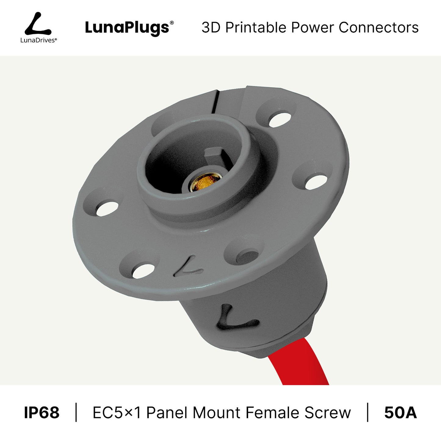 EC5x1 - 50 Amps, IP68 - Panel Mount Female - Glue and Screw Options Connector - LunaDrives®