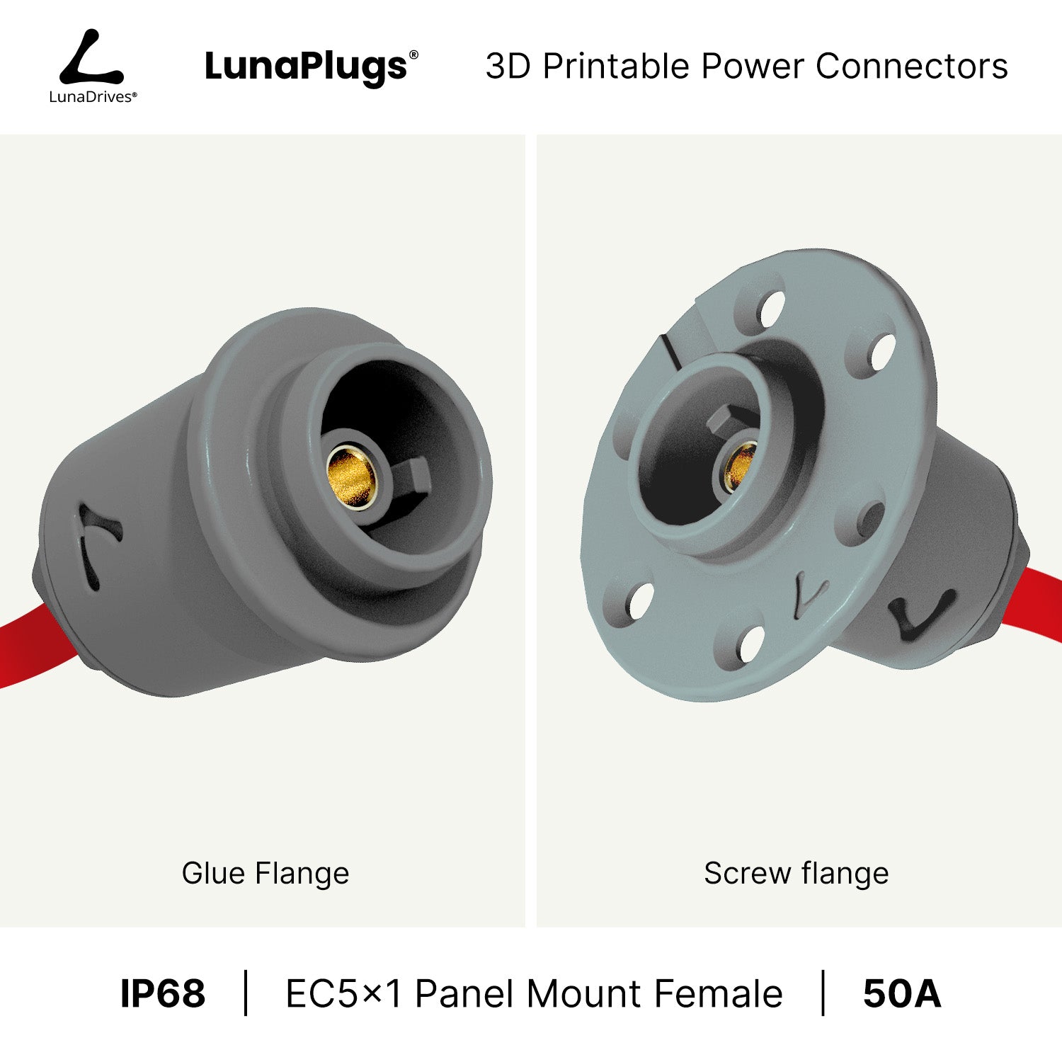 EC5x1 - 50 Amps, IP68 - Panel Mount Female - Glue and Screw Options Connector - LunaDrives®