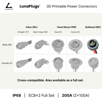EC8x2 - 200 Amps, IP68 - Bulkhead Male Connector - LunaDrives®