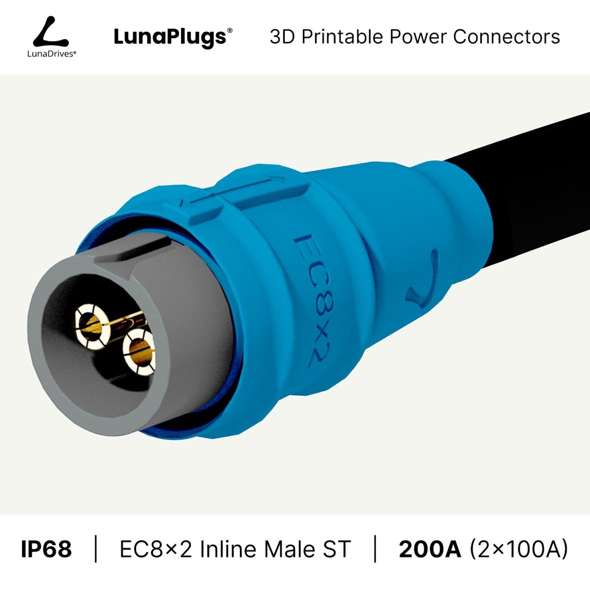 EC8x2 - 200 Amps, IP68 - Inline Male Connector - LunaDrives®