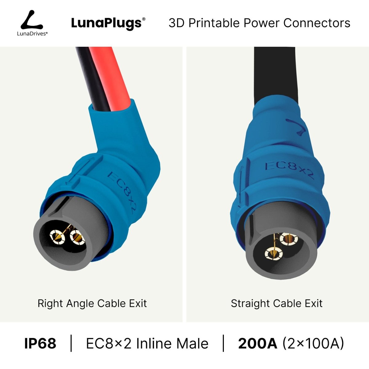 EC8x2 - 200 Amps, IP68 - Inline Male Connector - LunaDrives®