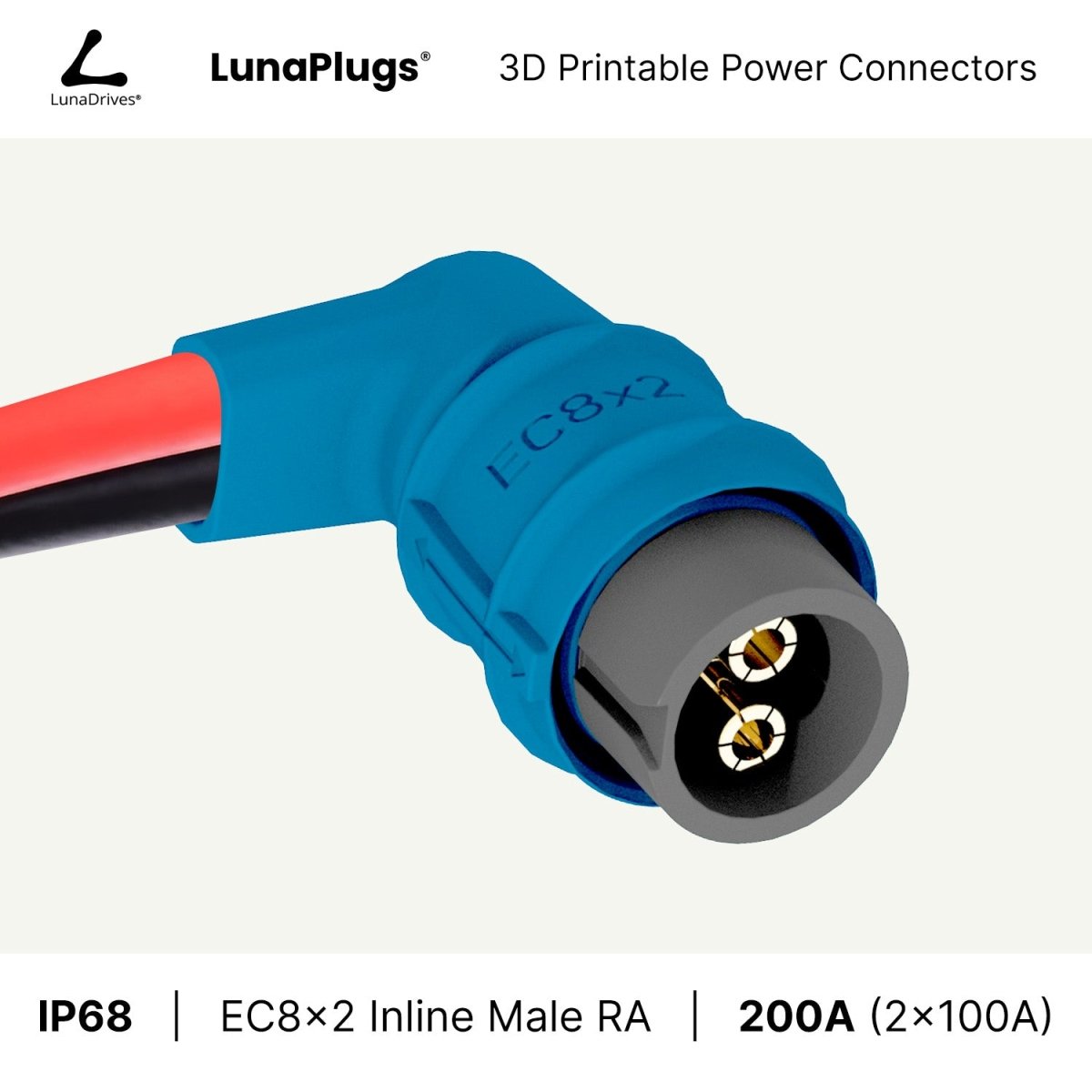 EC8x2 - 200 Amps, IP68 - Inline Male Connector - LunaDrives®