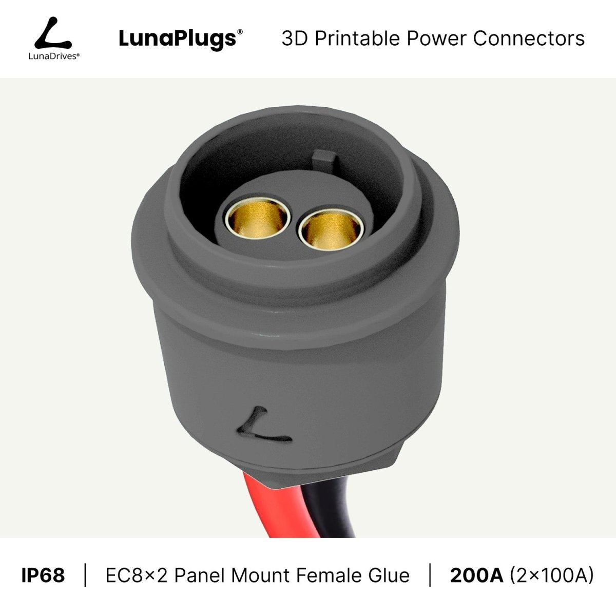 EC8x2 - 200 Amps, IP68 - Panel Mount Female - Glue and Screw Options Connector - LunaDrives®