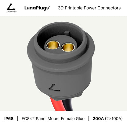 EC8x2 - 200 Amps, IP68 - Panel Mount Female - Glue and Screw Options Connector - LunaDrives®