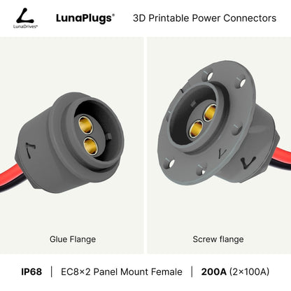 EC8x2 - 200 Amps, IP68 - Panel Mount Female - Glue and Screw Options Connector - LunaDrives®