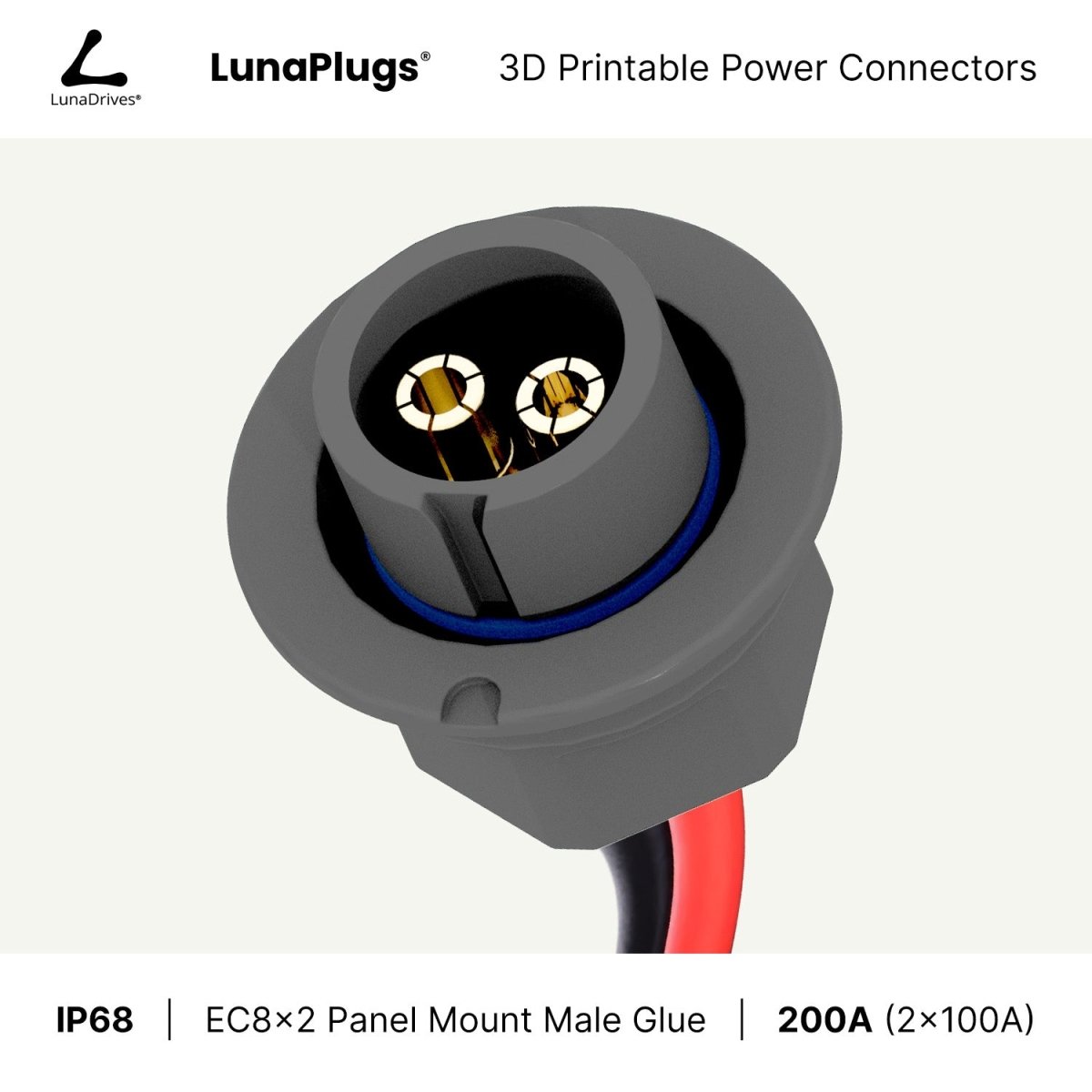 EC8x2 - 200 Amps, IP68 - Panel Mount Male - Glue and Screw Options Connector - LunaDrives®