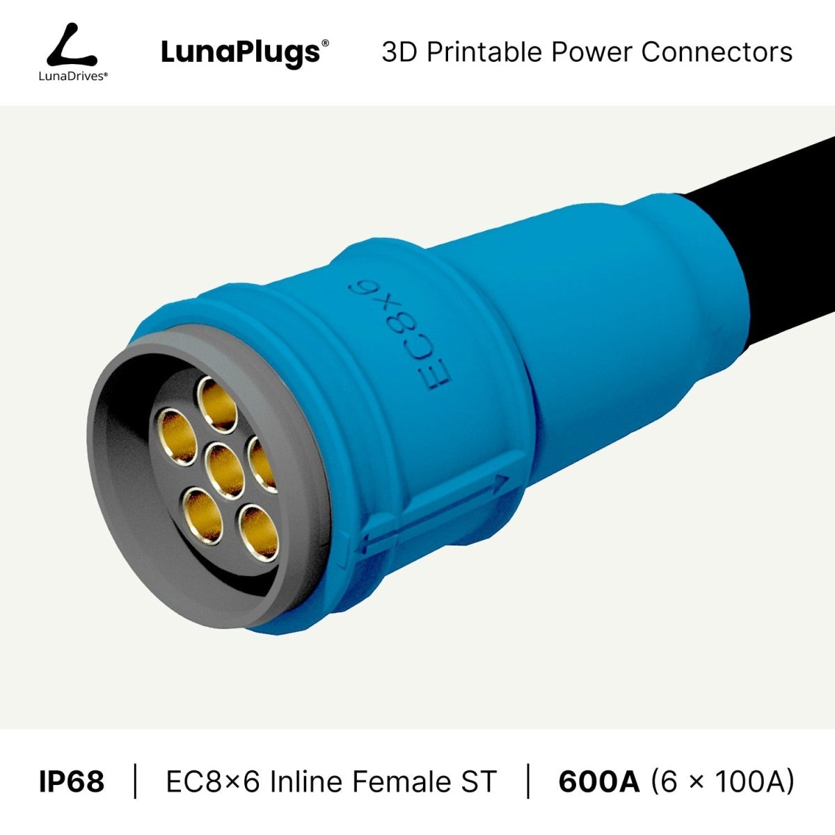 EC8x6 - 600 Amps, IP68 - Inline Female Connector - LunaDrives®