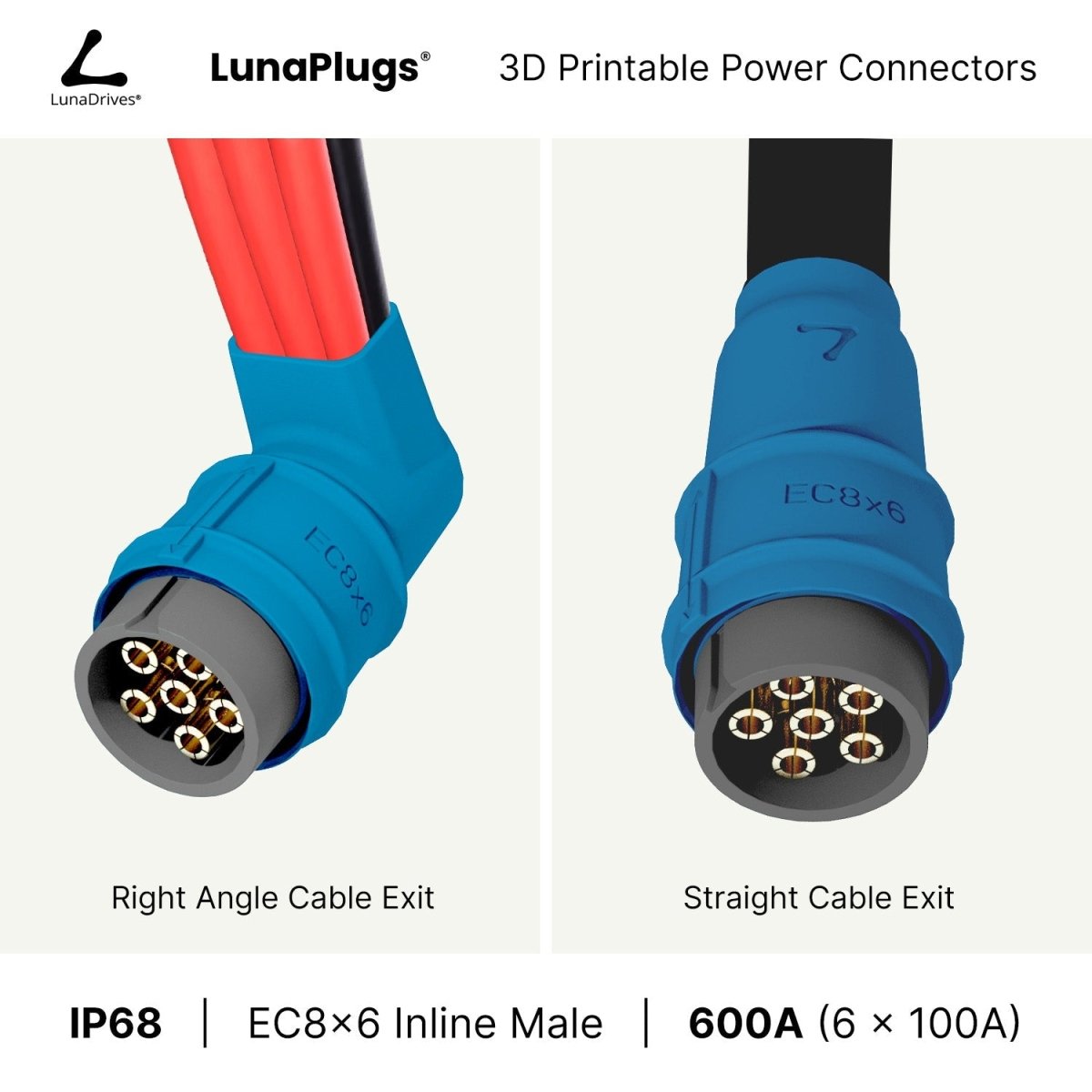 EC8x6 - 600 Amps, IP68 - Inline Male Connector - LunaDrives®