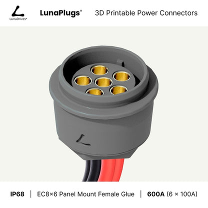 EC8x6 - 600 Amps, IP68 - Panel Mount Female - Glue and Screw Options Connector - LunaDrives®