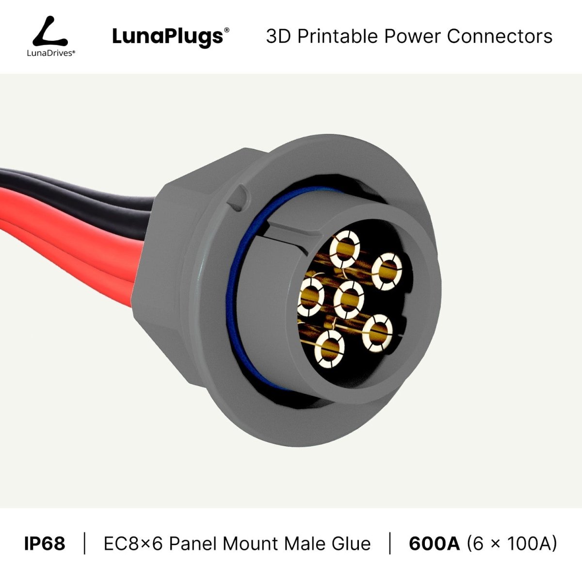 EC8x6 - 600 Amps, IP68 - Panel Mount Male - Glue and Screw Options Connector - LunaDrives®